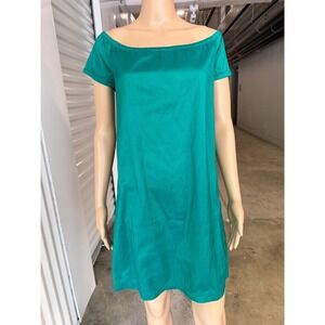 THEORY Lilibeth Teal Green 100% Silk Off Shoulder Shift Mini Dress S